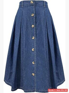 Midi Skirt Elastic Waist Button Front Flared A-Line with Pockets Size Medium
